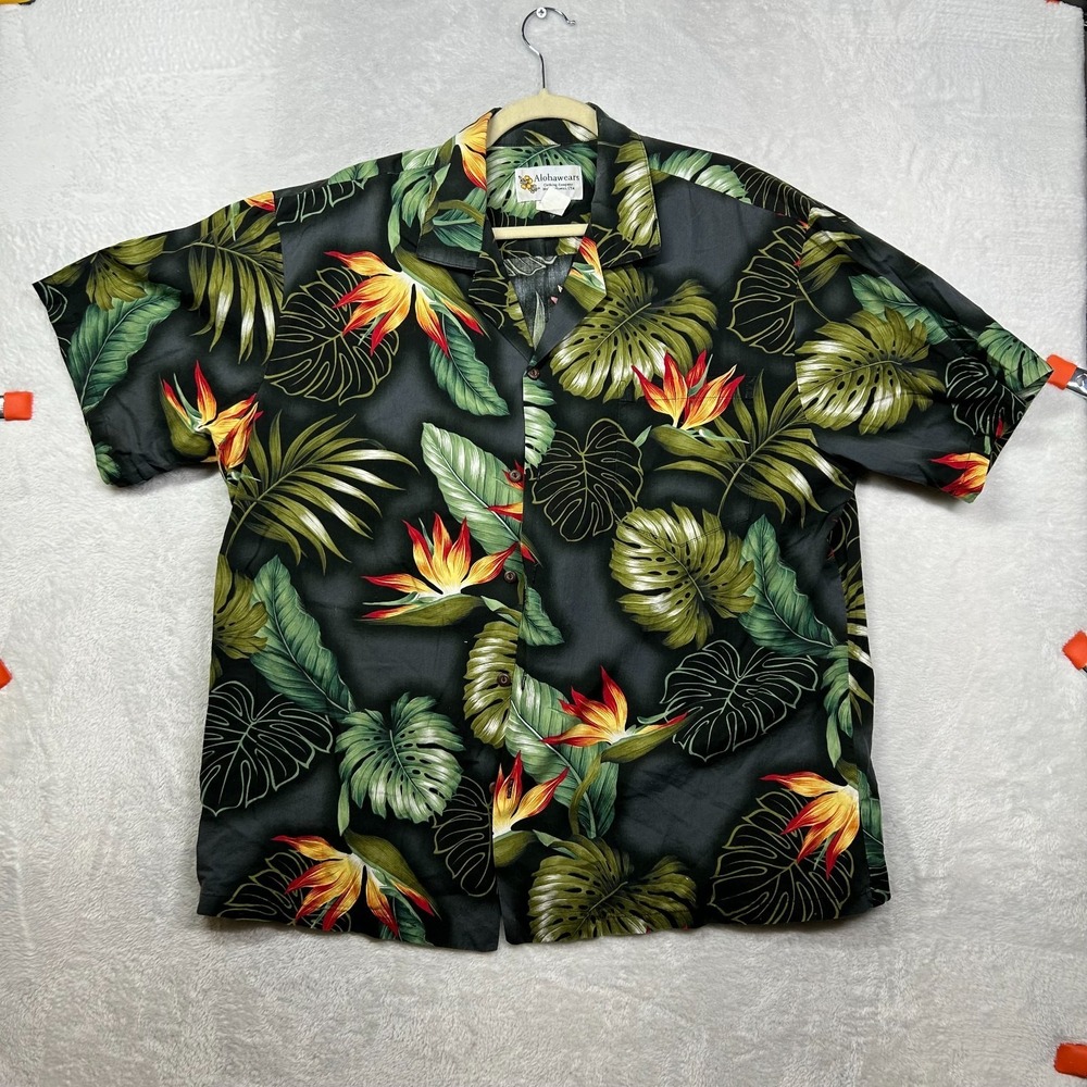 VTG Alohawears‎ Hawaii Shirt Men's Black Tropical Cotton Button Up USA Made - XL